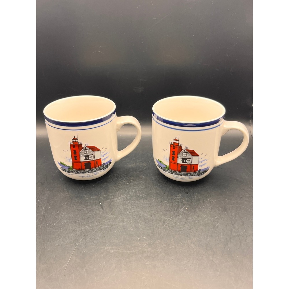 Libbey Tableware Lighthouse Coffee Mugs Set Of 2 Nautical‎ Coastal Decor Beach